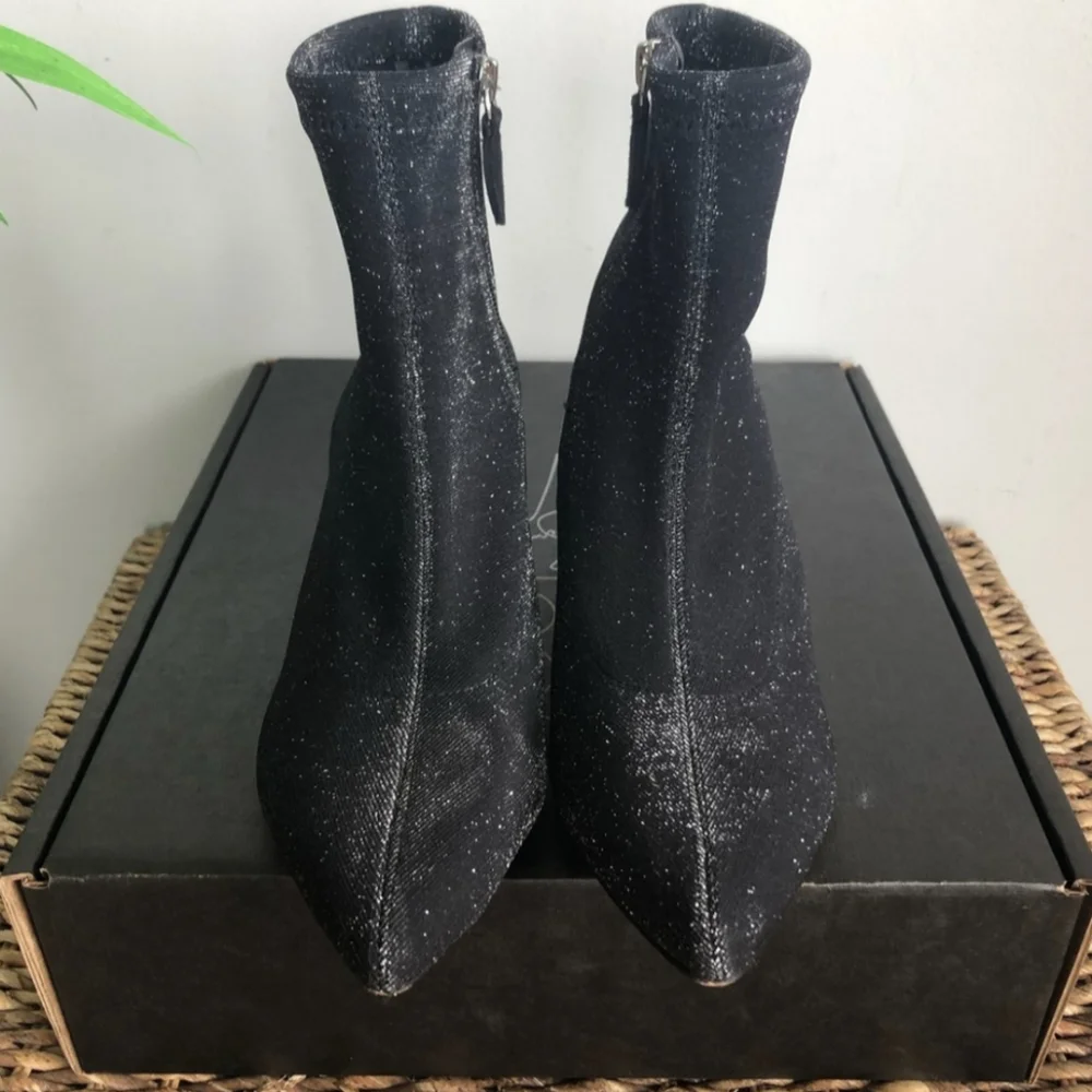 Rebecca Minkoff Sayres Black Glitter Kitten Heel Booties 8 - Sparkly Party Boot